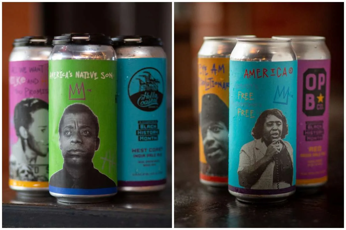 Black History Month beer cans honoring James Baldwin and Fannie Lou Hamer