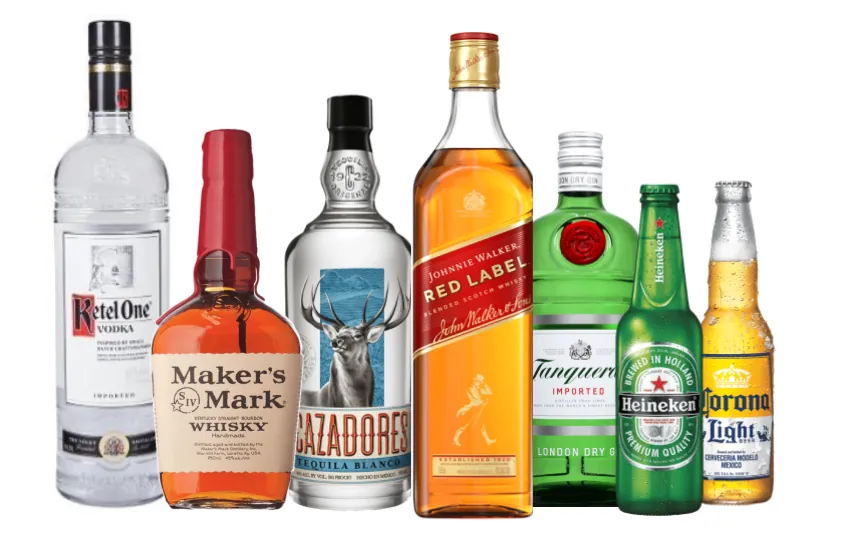 Premium spirits and beer lineup: Ketel One, Maker's Mark, Cazadores, Johnnie Walker Red Label, Tanqueray, Heineken and Corona Light