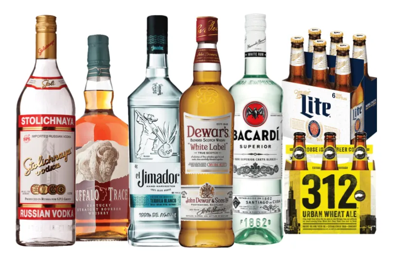 Spirits and beer lineup: Stolichnaya, Buffalo Trace, El Jimador, Dewar's, Bacardi, Miller Lite and 312 Urban Wheat Ale