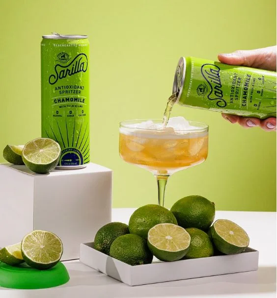 Sarilla chamomile spritzer poured into a coupe